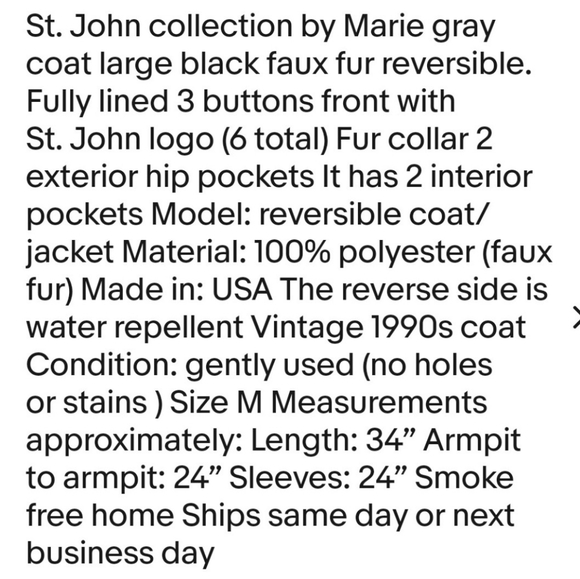 St.  John Classic Reversible oversized  black faux fur coat Luxury Old Money WOW - Picture 12 of 13